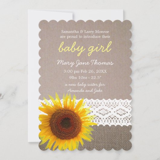 Ankündigung von Sonnenblumen Burlap & Lace Baby (Vorderseite)