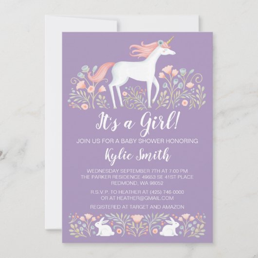 Ankündigung von Unicorn Floral Baby Shower (Vorderseite)