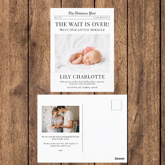 Ankündigung von Zeitungen zur Geburt Postkarte