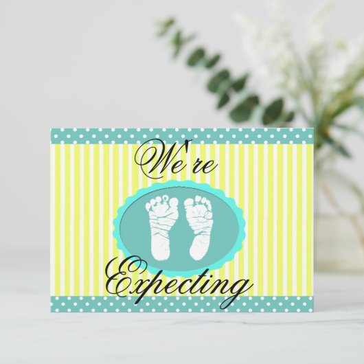 Ankündigung "Wir erwarten" aquamarin & gelb (Stehend Vorderseite)