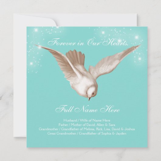 Ankündigungen des aquamarinen Blue Dove Memorial S (Rückseite)