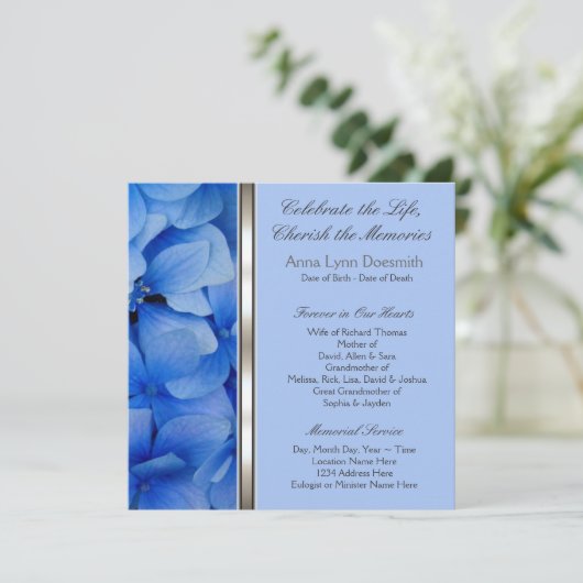 Ankündigungen zur Beerdigung von Blue Hydrangea (Stehend Vorderseite)