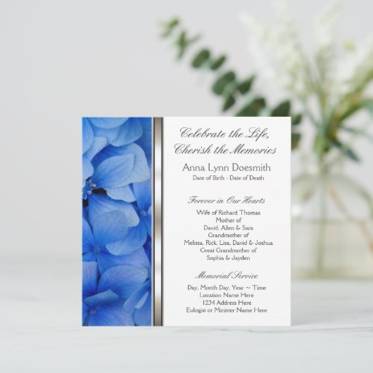 Ankündigungen zur Beerdigung von Blue Hydrangea (Stehend Vorderseite)