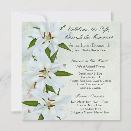 Ankündigungen zur Beerdigung von White Lily (Vorderseite)