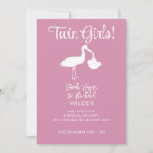 Ankündigungskarte für Twin Girls Pink Stork Pregna Ankündigung (Vorderseite)