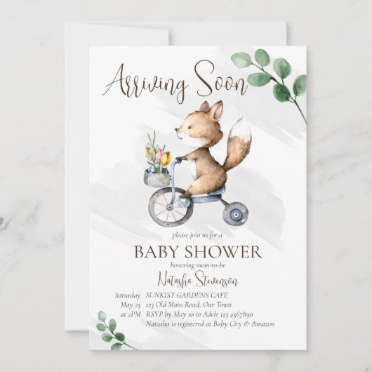 Ankunft bald kleine Fuchs Rad Babydusche Einladung (Vorderseite)