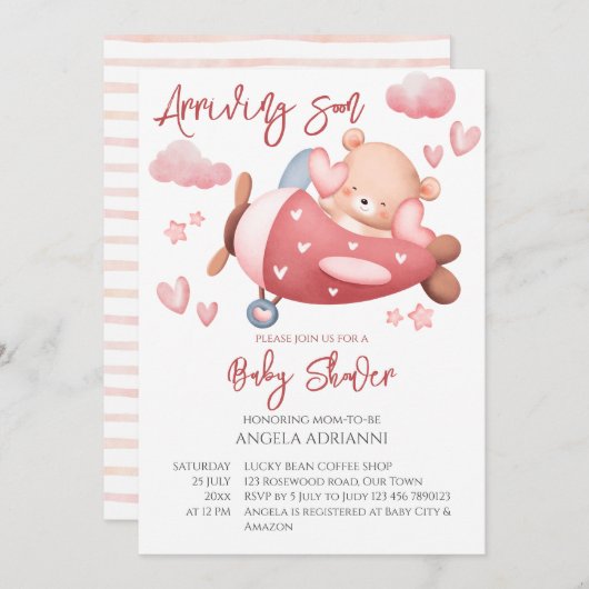 Ankunft bald rosa Teddy Bär winziger Pilot Einladung (Vorne/Hinten)