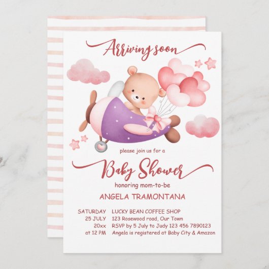 Ankunft bald winziger Piloten rosa Teddy Bär Einladung (Vorne/Hinten)