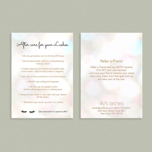 Anleitung für Eyelash Aftercare Bokeh Empfehlungskarte
