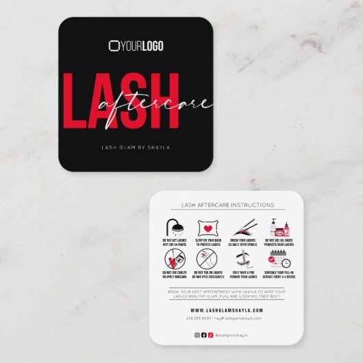 Anleitung für Lash-Erweiterungen nach der Behandlu Quadratische Visitenkarte (Vorne/Hinten)