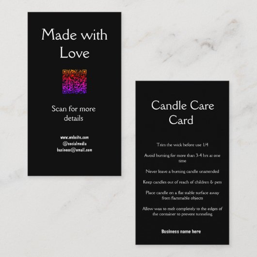 Anleitung zur Kerzenpflege Wachs melt add q r code Begleitkarte (Vorne/Hinten)