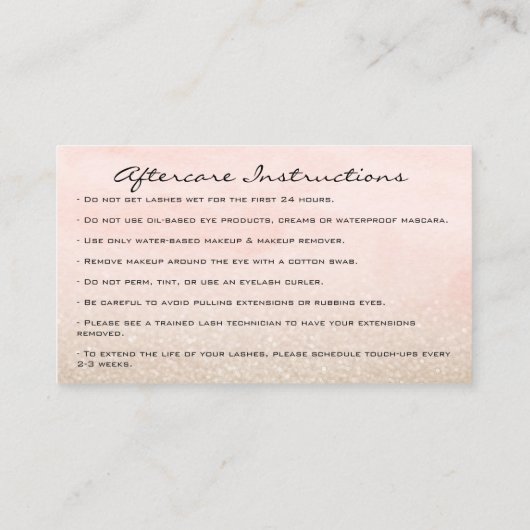 Anleitung zur Nachsorge Eyelash Rose Glitzer Tropf Visitenkarte (Rückseite)