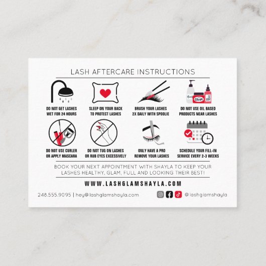 Anleitung zur Nachsorge für Lash-Erweiterungen Visitenkarte (Rückseite)