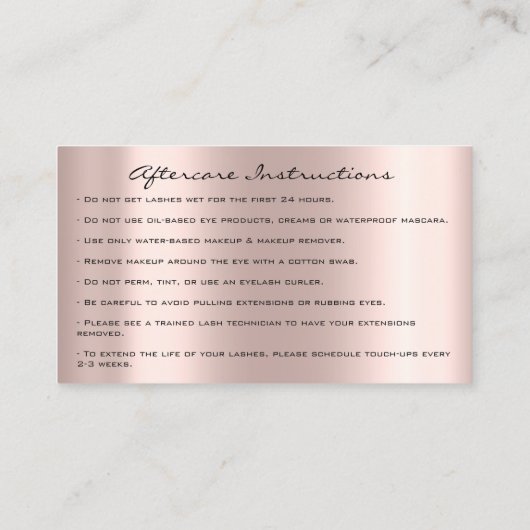 Anleitung zur Nachsorge Lash Rose Gold Tropfen Aug Visitenkarte (Rückseite)