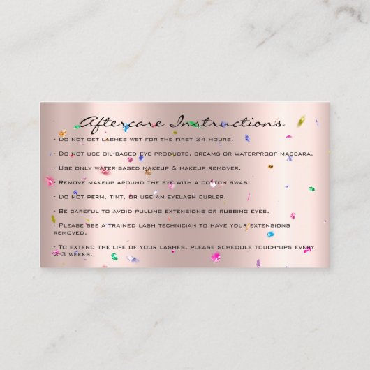 Anleitung zur Nachsorge Lash Rose Tropfen Confetti Visitenkarte (Rückseite)