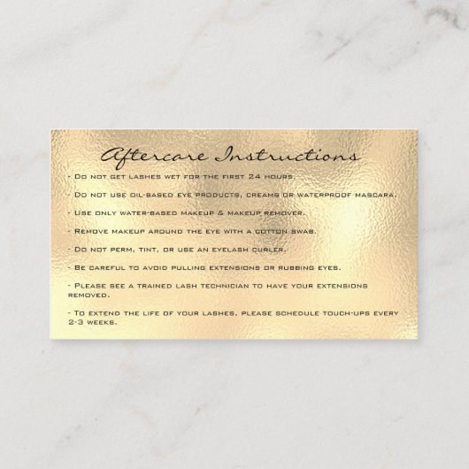 Anleitung zur Nachsorge Lashes Metallic Gold Lux Visitenkarte (Rückseite)