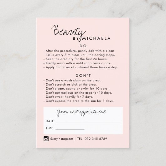 Anleitung zur Nachsorge und Anstellung von Lash/Br Visitenkarte (Rückseite)