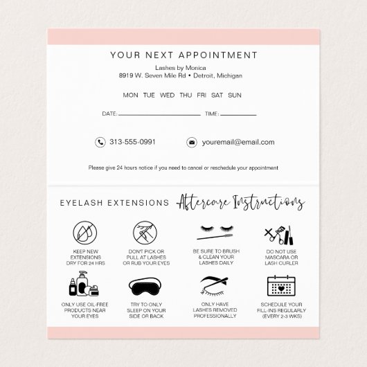 Anleitung zur Nachsorge und Erinnerung der Anstell Visitenkarten (Innenseite Aufgefaltet)