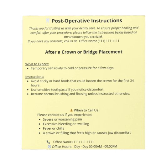 Anleitung zur Zahnpflaster (Kronen oder Brücke) Notizblock (Vorderseite)