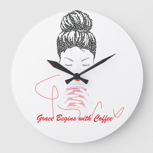 Anmut beginnt mit Coffee-Typografie Große Wanduhr (Vorderseite)