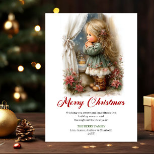 Anmutige süße kleine Mädchen Weihnachtsszene Grußk Feiertagskarte