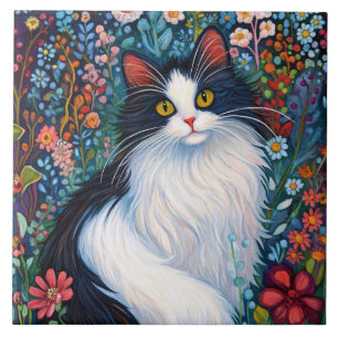 Anmutige Tuxedo-Katze mit Wildblumen Fliese