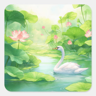 Anmutiger Weißer Schwan im sonnigen Liliensumpf Quadratischer Aufkleber