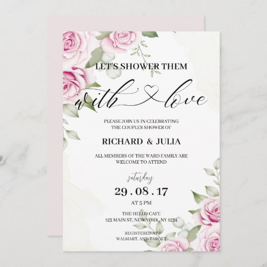 ANNA Let's Shower Invitation / Wasserfarbe, Rosa Einladung (Vorne/Hinten)