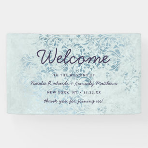 Annabelle Vintage Blau Damast Hochzeitsbegrüßung Banner
