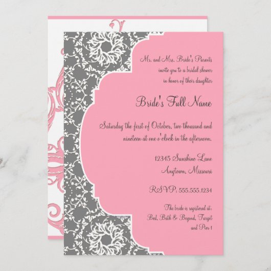 AnnaLiese Damast-- rosa und graues Brautparty Einladung (Vorne/Hinten)