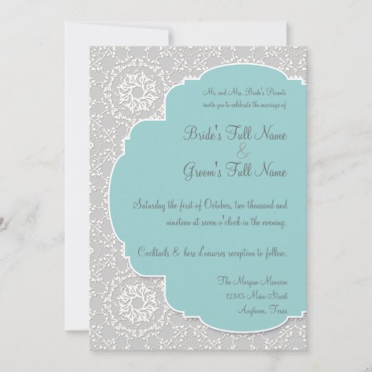 AnnaLiese Peacock Damask - Aqua Blue Gray Einladun Einladung (Vorderseite)