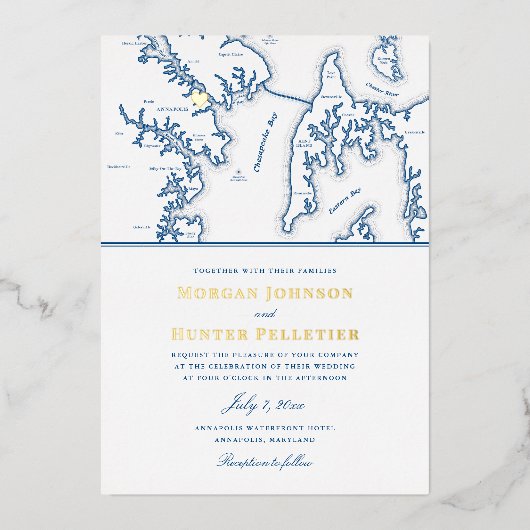Annapolis Maryland Wedding Elegant Navy und Gold Folieneinladung (Vorderseite)
