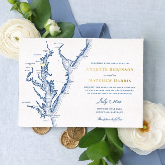Annapolis Maryland Wedding Navy und Gold Folieneinladung