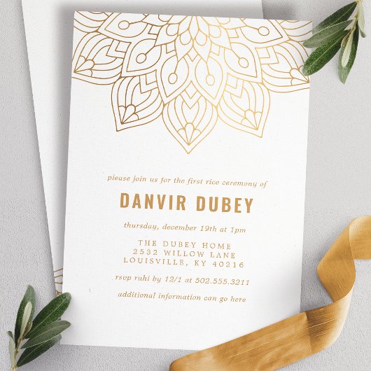 Annaprashan Gold White Mandala Erster Reis Zeremon Einladung
