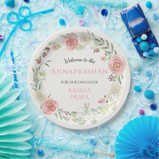 Annaprashan Party Baby Girl Wasserfarbe Blauer Ros Pappteller (Party)