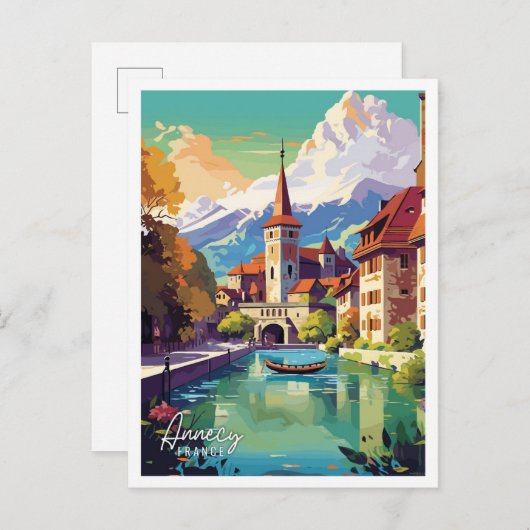 Annecy France Art Vintage Reise Illustration Postkarte (Vorne/Hinten)