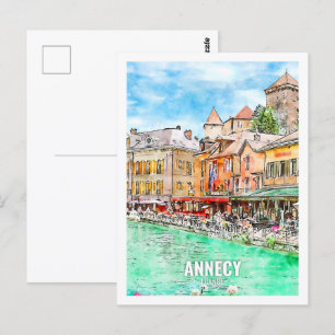 Annecy Frankreich Reiseort Aquarell Postkarte