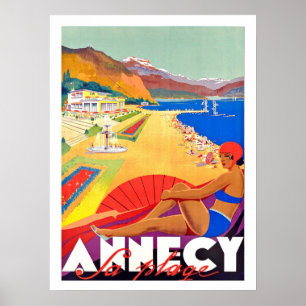 Annecy Küstenlinie, Mädchen am Strand, Vintage-Pla Poster