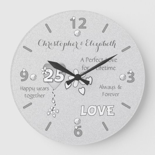 Anniversary 25 years hearts flowers and names große wanduhr (Vorderseite)