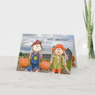 anniversary autumn scarecrows on hay bale karte