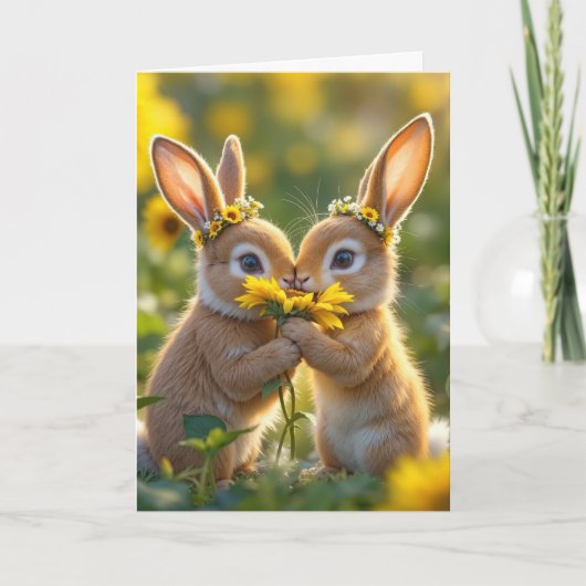 Anniversary Bunnies Smelling a Yellow Sunflower Karte (Vorderseite)