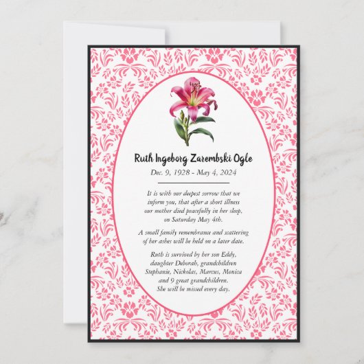 Announccard "Pink Lily European Style" Ankündigung (Vorderseite)