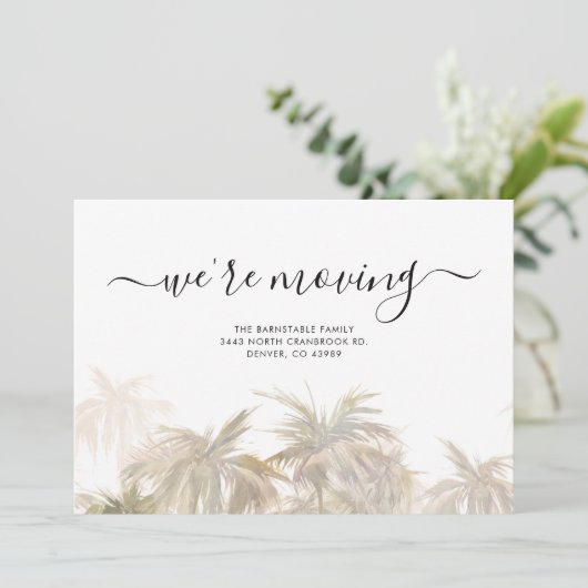 Announcement-Karte für Palm Tree Script Moving Dankeskarte (Stehend Vorderseite)