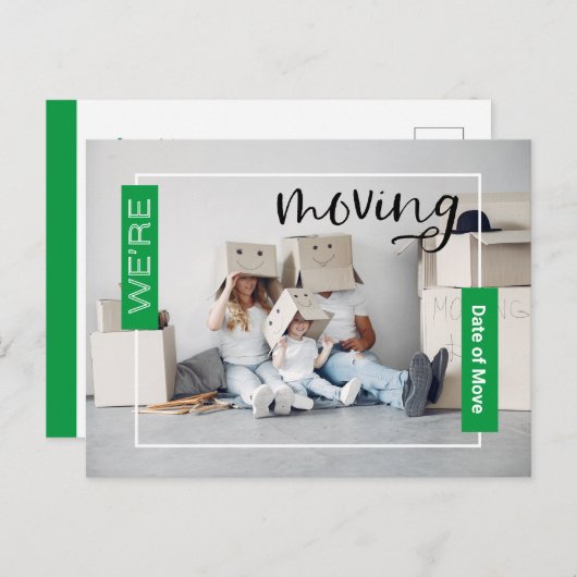 Announcement-Karte zum Verschieben eines grünen be Postkarte (Vorne/Hinten)