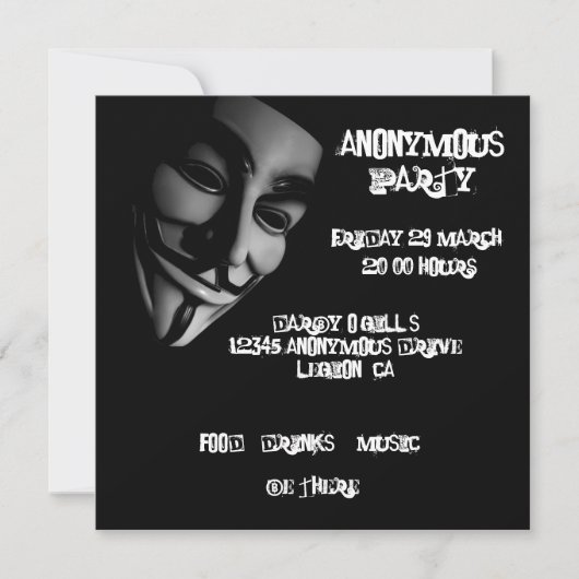 Anonyme Party-Gewohnheits-Einladungen Einladung (Vorderseite)