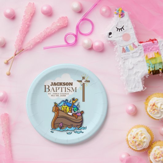 Anpassbar, Baby Boy Taufe Noah's Ark Pappteller (Party)