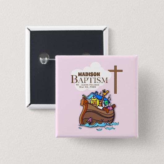 Anpassbar, Baby Girl Baptism Noah's Ark Button (Vorne & Hinten)