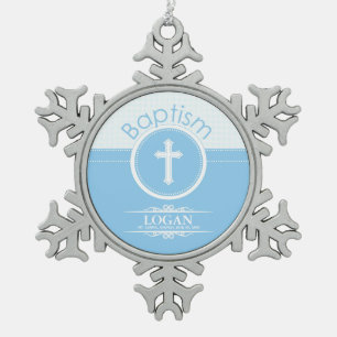 Anpassbar, Blaues Jungenkind Gottes Taufe Schneeflocken Zinn-Ornament