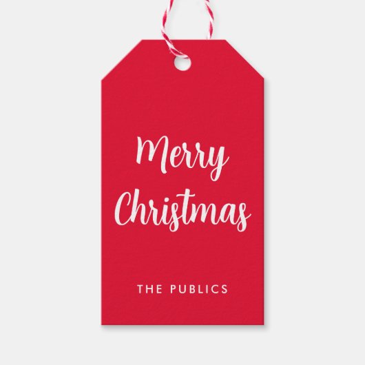 Anpassbar frohe Weihnachtsschrift rot und weiß Geschenkanhänger (Vorderseite)