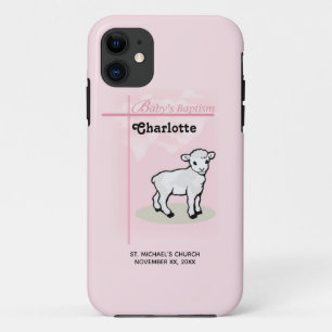 Anpassbar, Taufe, Rosa, Mädchen, Lamm iPhone 11 Hülle